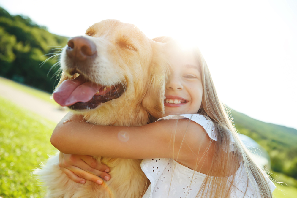A young girl hugs her sweet Golden Retriever, one of the friendliest dog breeds known to man.